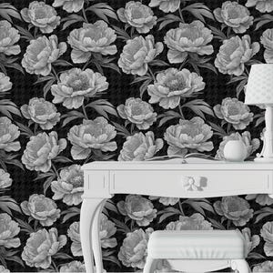 Black and Gray floral wallpaper, Vintage rose wallpaper, Dark floral wallpaper, Interior Design, Wall  Print, Removable Wallpaper Home Decor