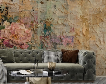 Papel de parede floral vintage, papel de parede botânico com rosas, papel de parede art déco com flores creme, mural de papel de parede romântico, arte de parede, decoração para casa