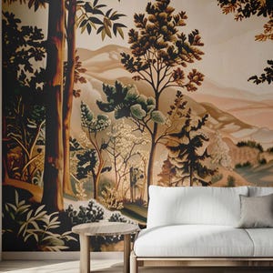 Antique French Landscape Wallpaper, Verdure Tapestry Mural, Garden Wallpaper, Greenery Woodland with a Pond, Custom Size Art