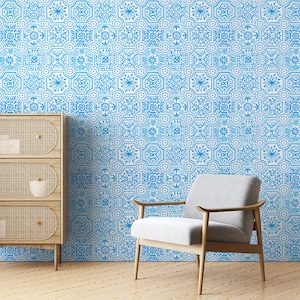 Carta da parati adesiva con piastrelle marocchine blu, carta da parati autoadesiva minimalista, arte murale, carta da parati con piastrelle geometriche, murale in stile marocchino