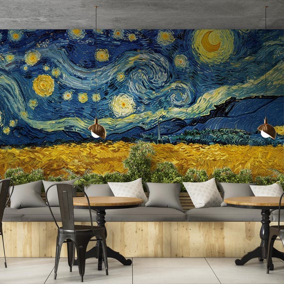 Van Gogh Starry Night Wallpaper, Famous Art Wall Mural, Blue Yellow Night Sky