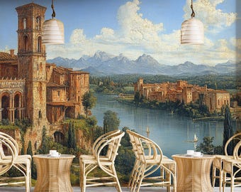 Italian Landscape Wallpaper, Vintage Lake Wall Mural, Old World European Cityscape