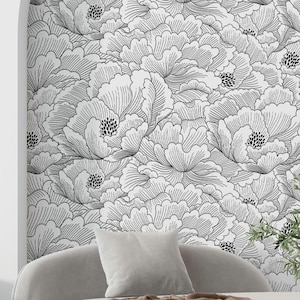 Papier peint floral noir et blanc Papier peint botanique Papier peint Papier peint amovible Décoration d'intérieur Art mural Décoration murale Décoration de chambre