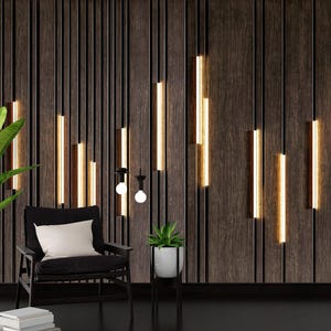 Pannelli 3D effetto illuminazione geometrica murale, carta da parati a strisce in legno marrone, murale per ufficio, arte murale moderna di lusso per camera da letto
