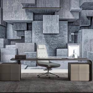 3D Look Gray Geometric Pattern Wallpaper, Gray Square Abstract Wallpaper Mural, Office Mural, Luxury Living Room and Bedroom Wall Decor