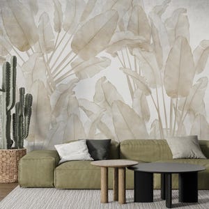 Carta da parati con foglie di banano, murale tropicale, carta da parati con foglie di banano morbide, murale tropicale beige, carta da parati moderna con foglie tropicali neutre