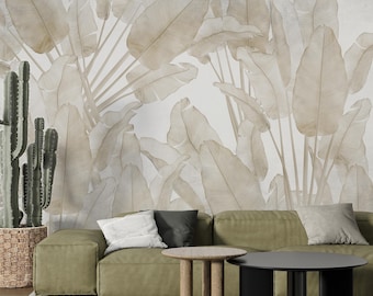 Beige Banana Leaf Wallpaper: Neutral Tropical Wall Mural
