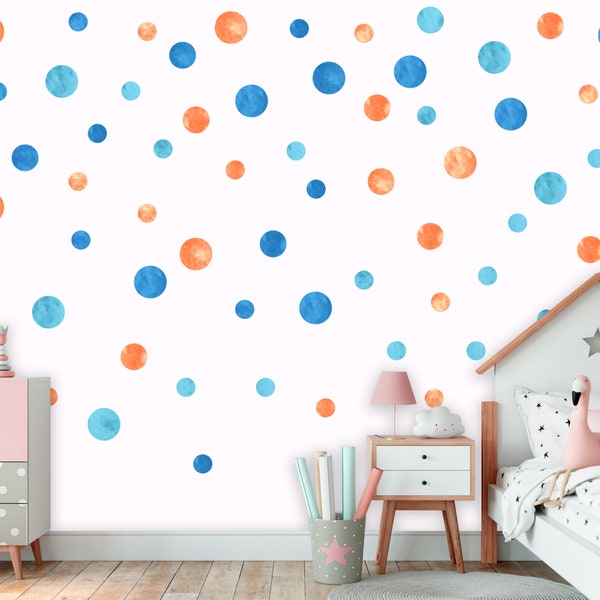 Polka Dot Wandsticker, Wandaufkleber, Wandsticker Kreis, schälen und kleben, Stofftapetenstick, Kinderzimmer, Babyzimmer, blau orange Kreise