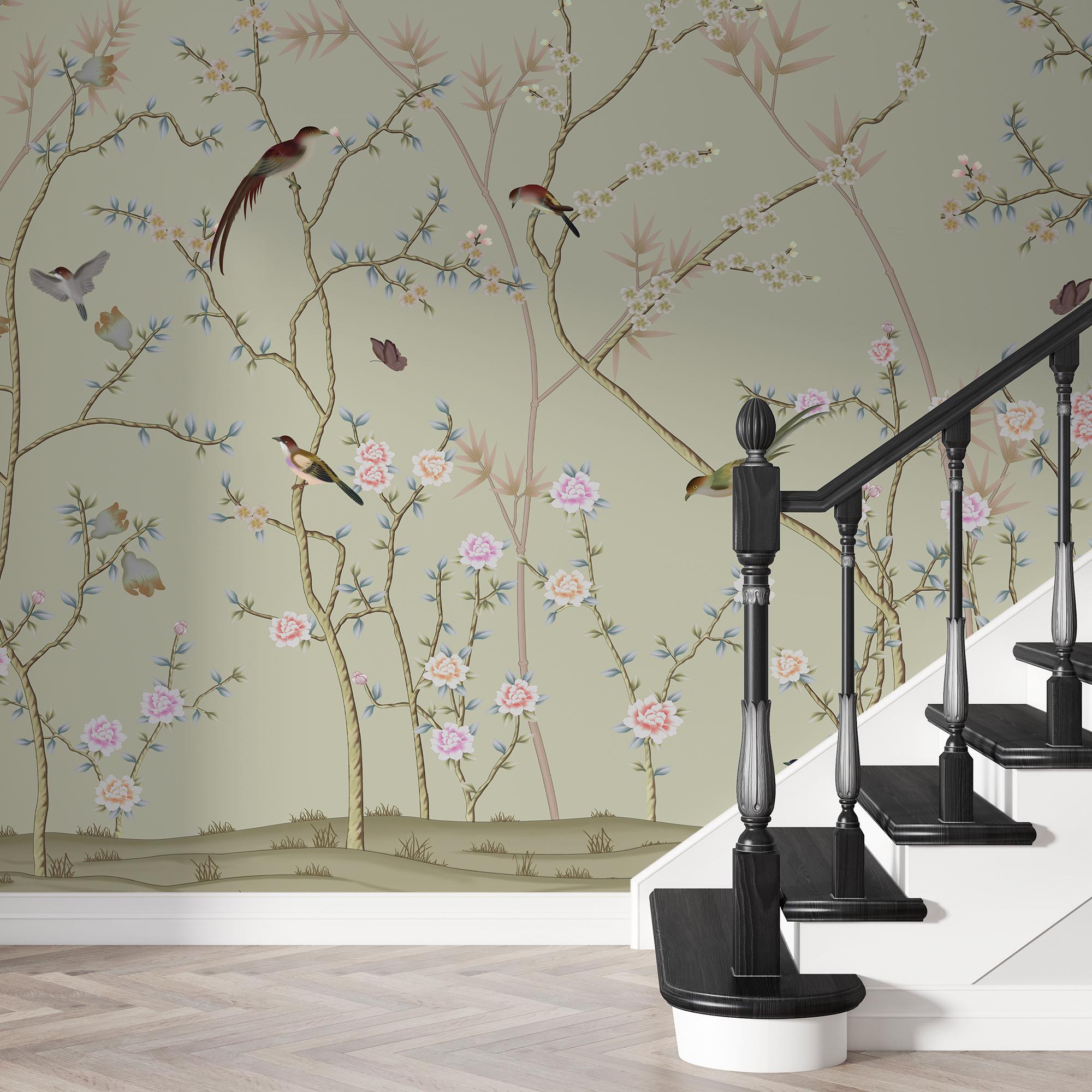 Cherry Blossom Wallpaper Chinoiserie Birds and Flowers, Soft Pastel ...