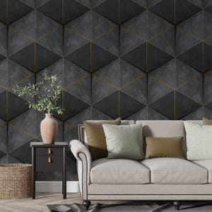 3D Look Dark Geometric Pattern Wallpaper, Customizable 3D Perceptive Modern Abstract Living Room, Office Mural, Fabric Wallpaper