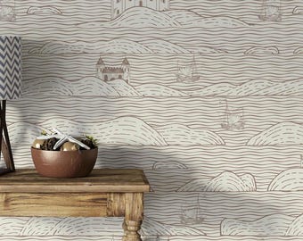 Nautical Castle Removable Wallpaper: Ocean Waves, Sailing Boats