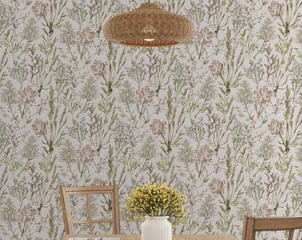 May include: A dining room scene featuring a wooden table and chairs, a white vase with yellow flowers, and a woven pendant light. The wallpaper has a repeating pattern of botanical illustrations in green, brown, and purple.