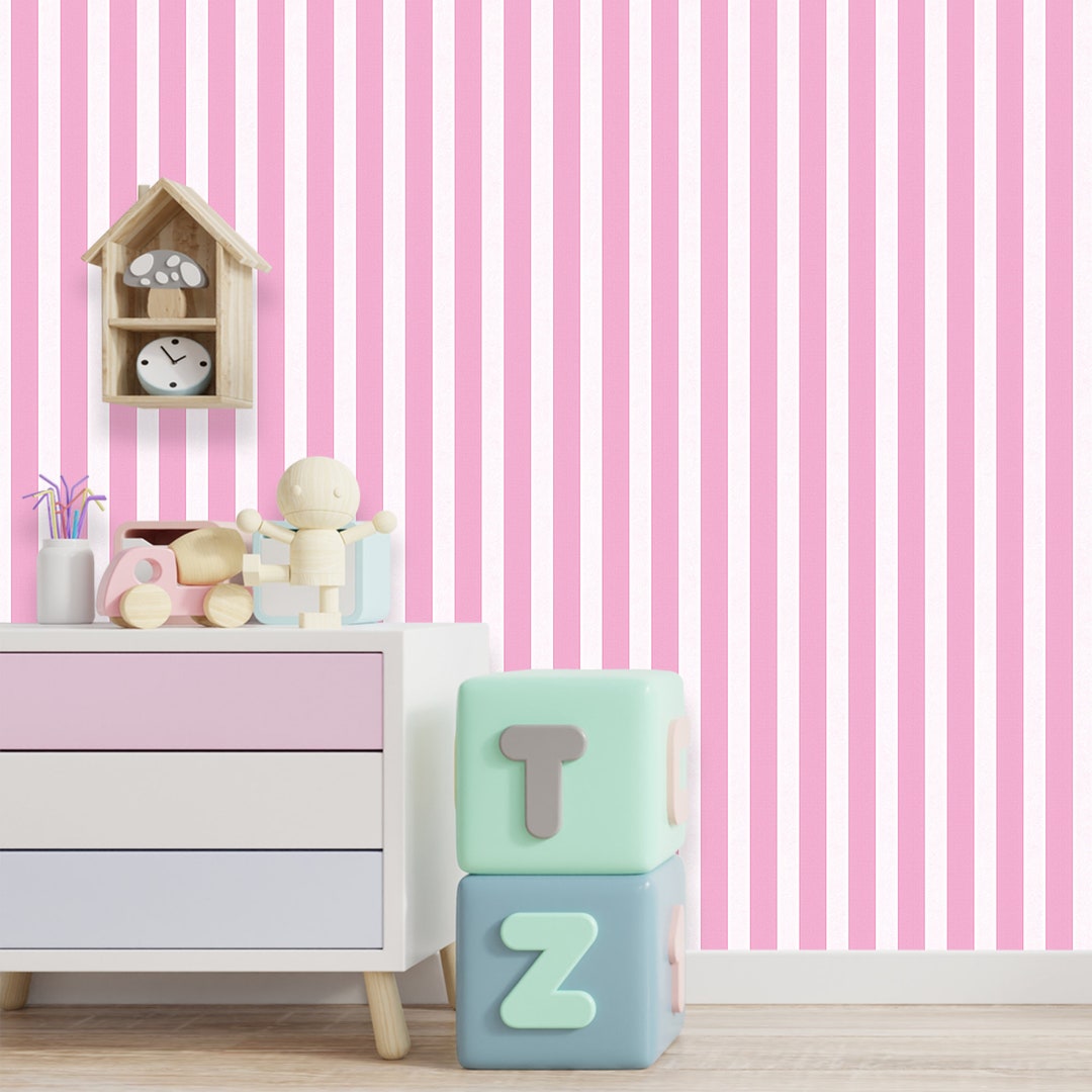Pink White Striped Wallpaper, Kids Room Wallpaper, Baby Room Wallpaper