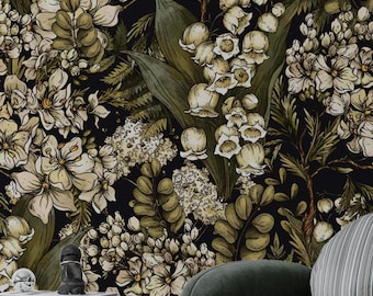 Moody Black Floral Tapete: Gothic Botanisches Wohndekor