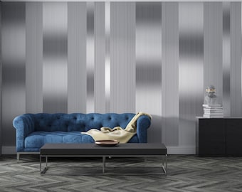 Gray Metallic Effect Striped Wallpaper, Modern Textile Wall Mural