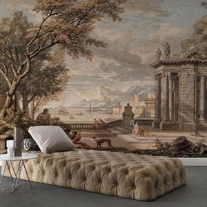 Antique French Landscape Wallpaper, Verdure Tapestry Mural,Enchanted Forest Tapestry Wallpaper, Vintage Landscape Wallpaper