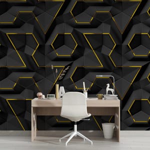 3D Geometric Wallpaper, Geometric Looking Mural, 3D Wall Art, Abstract Black Gold Color Wallpaper, Elegant Wallpaper, Removable Wallpaper