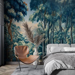 Forest Tapestry Wallpaper, Vintage Landscape Wallpaper - Trees, Birds, and Serene Outdoor Scene Wall Mural, Garden Wallpaper