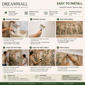 May include: An instructional infographic for Dreamwall textile wallpaper murals featuring six steps for installation. The guide includes text, icons, and photographs showing the process of mixing paste, preparing walls, and hanging numbered panels.