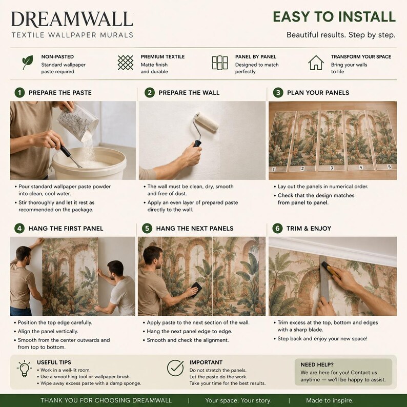 May include: An instructional infographic for Dreamwall textile wallpaper murals featuring six steps for installation. The guide includes text, icons, and photographs showing the process of mixing paste, preparing walls, and hanging numbered panels.