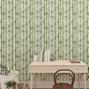 Farmhouse Inspired Botanical Stripe Peel and Stick Wallpaper - Green Stripe with Whimsical Green Flowers - Self adhesive Wallpaper