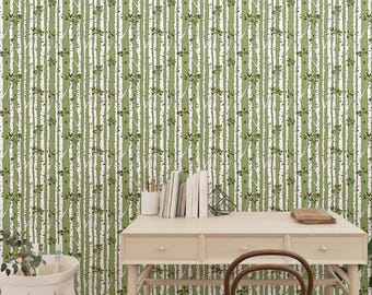 Farmhouse Botanical Stripe Peel and Stick Wallpaper: Green Floral Design