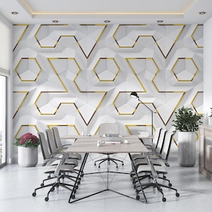 3D Geometric Wallpaper, Geometric Looking Mural, 3D Wall Art, Abstract White Gold Color Wallpaper, Elegant Wallpaper, Removable Wallpaper