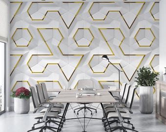 White and Gold Geometric Wallpaper, 3D Effect Abstract Textile Wall Mural