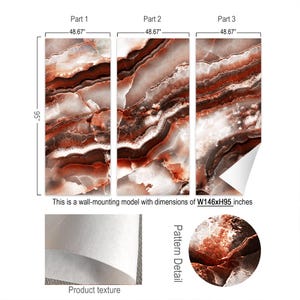 May include: A three-part wall mural featuring a red and white marble pattern. Each panel measures 48.67 inches wide by 95 inches high, with a total width of 146 inches. The product has a textured finish and includes a close-up view of the stone pattern.