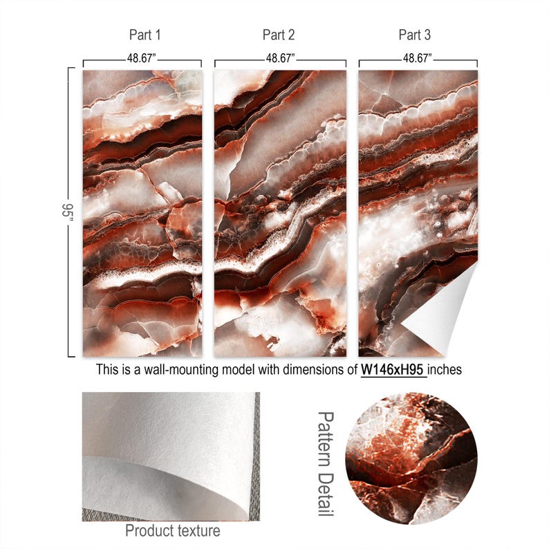 May include: A three-part wall mural featuring a red and white marble pattern. Each panel measures 48.67 inches wide by 95 inches high, with a total width of 146 inches. The product has a textured finish and includes a close-up view of the stone pattern.