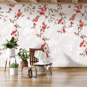 Red Flower Wallpaper,Hand-Drawn Vintage Florals, Removable and Peel&Stick, Traditional Wallpaper, Floral Wallpaper, Flowers Prepasted Wall
