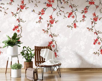 Papel de parede floral vermelho desenhado à mão, revestimento de parede botânico vintage