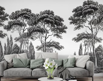 Black and White Tree Wallpaper, Monochrome Forest Landscape Wall Mural