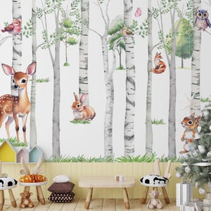 Papier peint forêt, animaux sauvages dans la forêt des fées, papier peint autocollant, Papier peint animaux mignons dans la forêt à l'aquarelle
