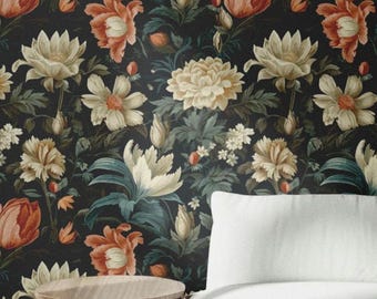 Dark Floral Wallpaper, Gothic Romantic Cottagecore Wall Mural