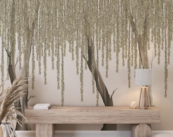 Flowering Willow Tree Wallpaper Mural, Green Botanical Branch Wall Decor