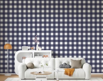 Blue Gingham Peel and Stick Wallpaper, Country Farmhouse Checkered Removable Wall Covering