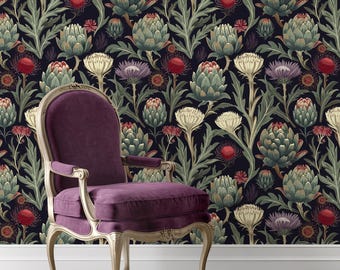Dark Floral  Wallpaper, Dark Background Wall Mural, Cottagecore Home Decor, Gothic Romantic Peel and Stick Mural for Bedroom, Wall Mural