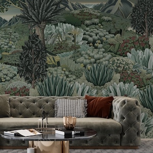 Enchanted Forest Wall Mural,Forest Tapestry Wallpaper, Vintage Landscape Wallpaper, Garden Wallpaper, Nature Walpaper,Green Leaves Wallpaper