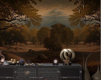 Dark Forest Landscape Mural, Vintage Painterly Trees, Moody Atmosphere Wallpaper