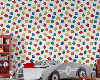 Papel de parede com padrão de tijolos Lego colorido para quarto de crianças, decoração de parede removível para sala de jogos, mural de parede vibrante para quarto de meninos para espaços divertidos