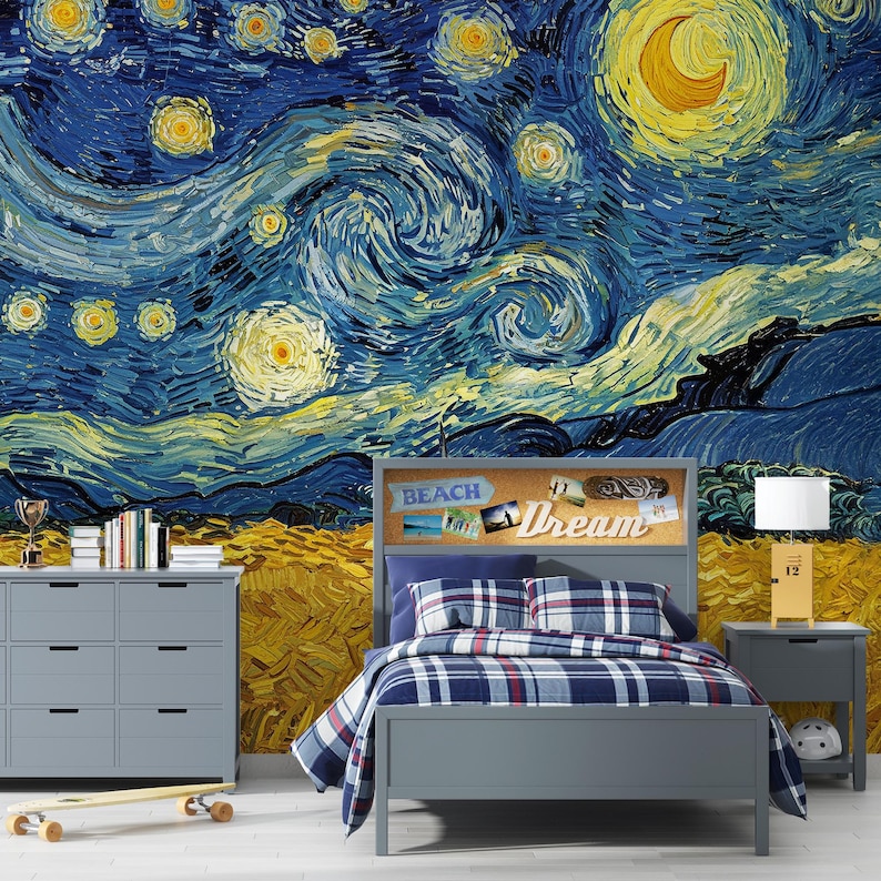 May include: A bedroom set featuring a grey bed frame with a cork headboard, a blue and white plaid comforter, and a matching grey dresser and nightstand. The wall behind the furniture displays a large mural of a swirling starry night sky.