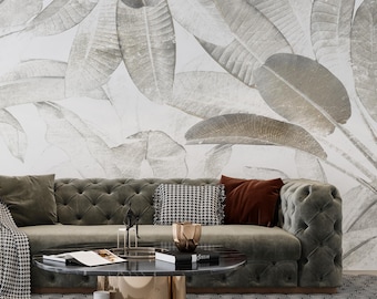 Beige Banana Leaf Wallpaper: Modern Tropical Wall Mural