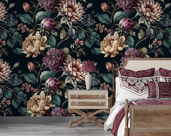 Vintage Dark Floral Wallpaper: Gothic Romantic Peony & Rose Peel and Stick Mural