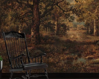 Dark Forest Landscape Wallpaper, Vintage Painterly Style, Gothic Botanical Wall Mural