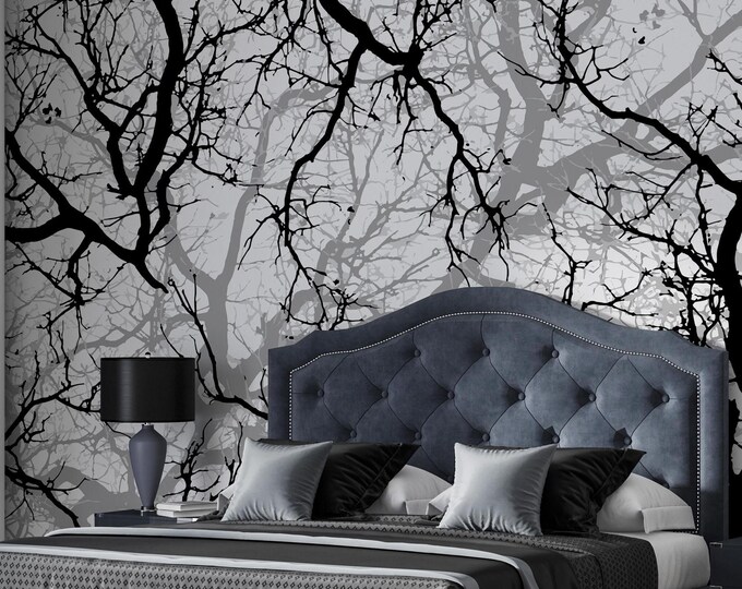 Forest Trees Night Scene Mural Wallpaper, Black & White, Extra Large ...