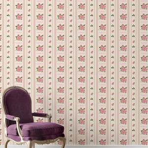 Vintage Farmhouse Inspired Botanical Stripe Peel and Stick Wallpaper - Green Stripe with Whimsical Pink Flowers - Self adhesive Wallpaper