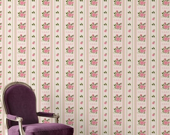 Papel de parede vintage com listras botânicas inspiradas em fazendas - Listras verdes com flores rosas extravagantes - Papel de parede autoadesivo