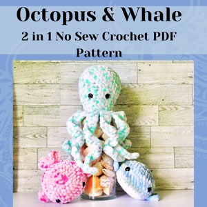 Ocean animals 2 crochet patterns, Octopus and Whale bundle pack, Octopus and Whale 2 no-sew crochet patterns