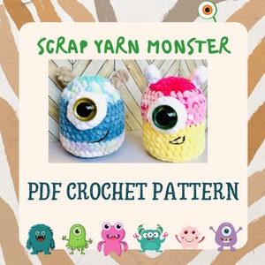 Peut inclure: Un patron de crochet PDF pour réaliser deux monstres en laine colorés. Les monstres ont un gros œil chacun et sont faits avec des restes de laine. Le patron est intitulé "Scrap Yarn Monster PDF Crochet Pattern".